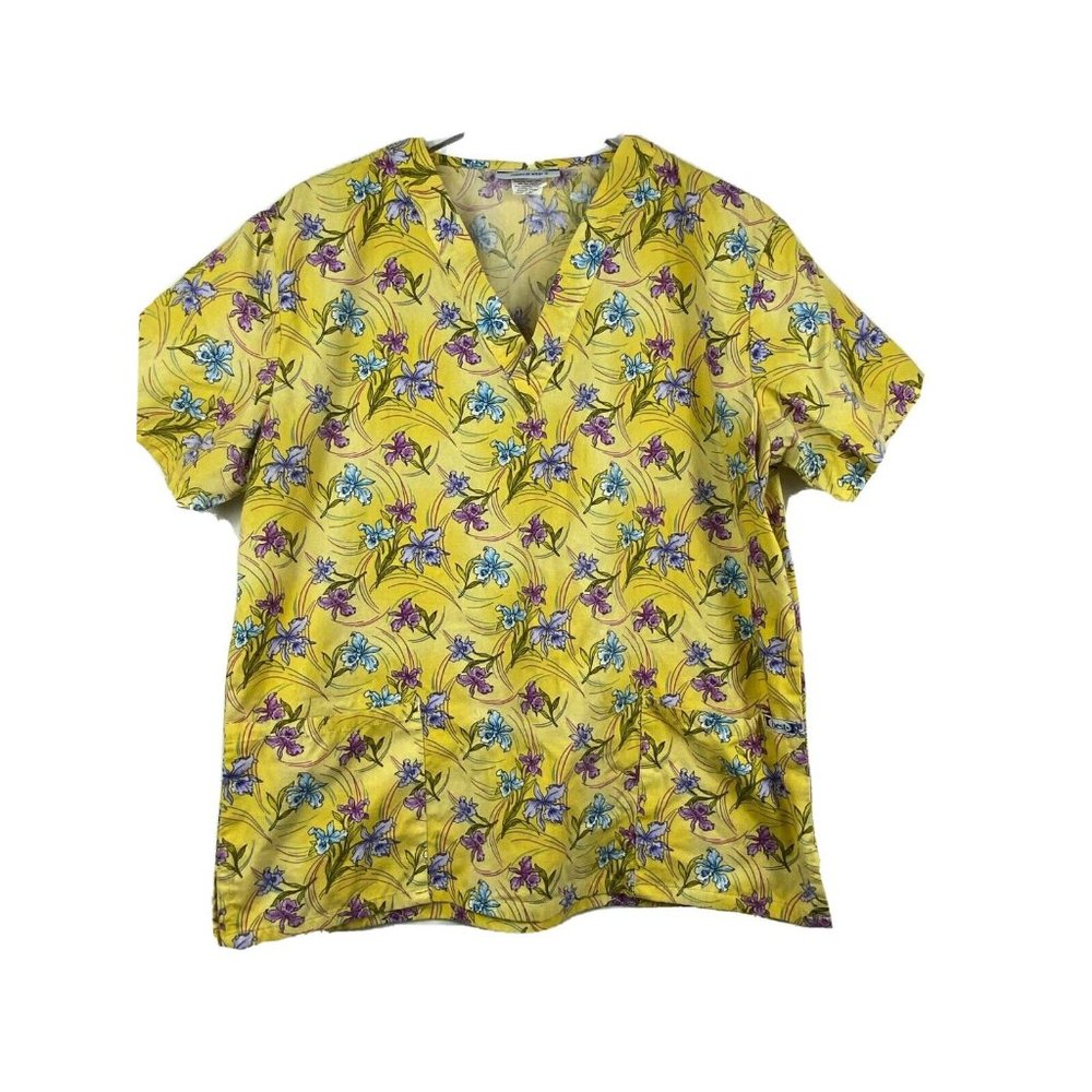 Womens M Yellow Purple Pink Iris Floral Print Scrub Top Best Medical Wear